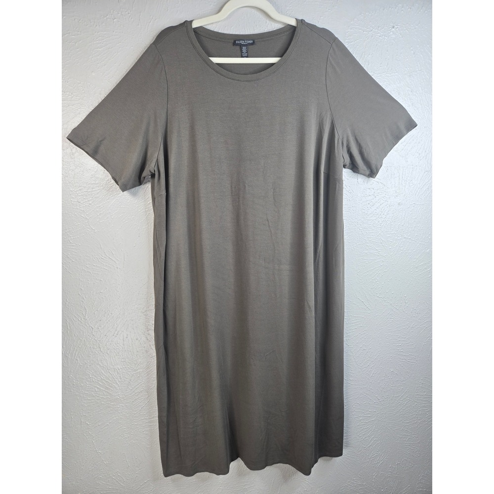 Eileen Fisher Midi T-Shirt Dress 3X Dark Green Jersey Knit Relaxed Minimalist